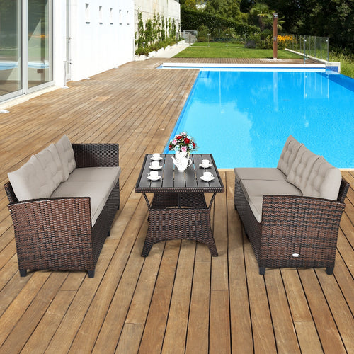 3-Piece Hand-Woven Rattan Outdoor Sofa Set with Dining Table