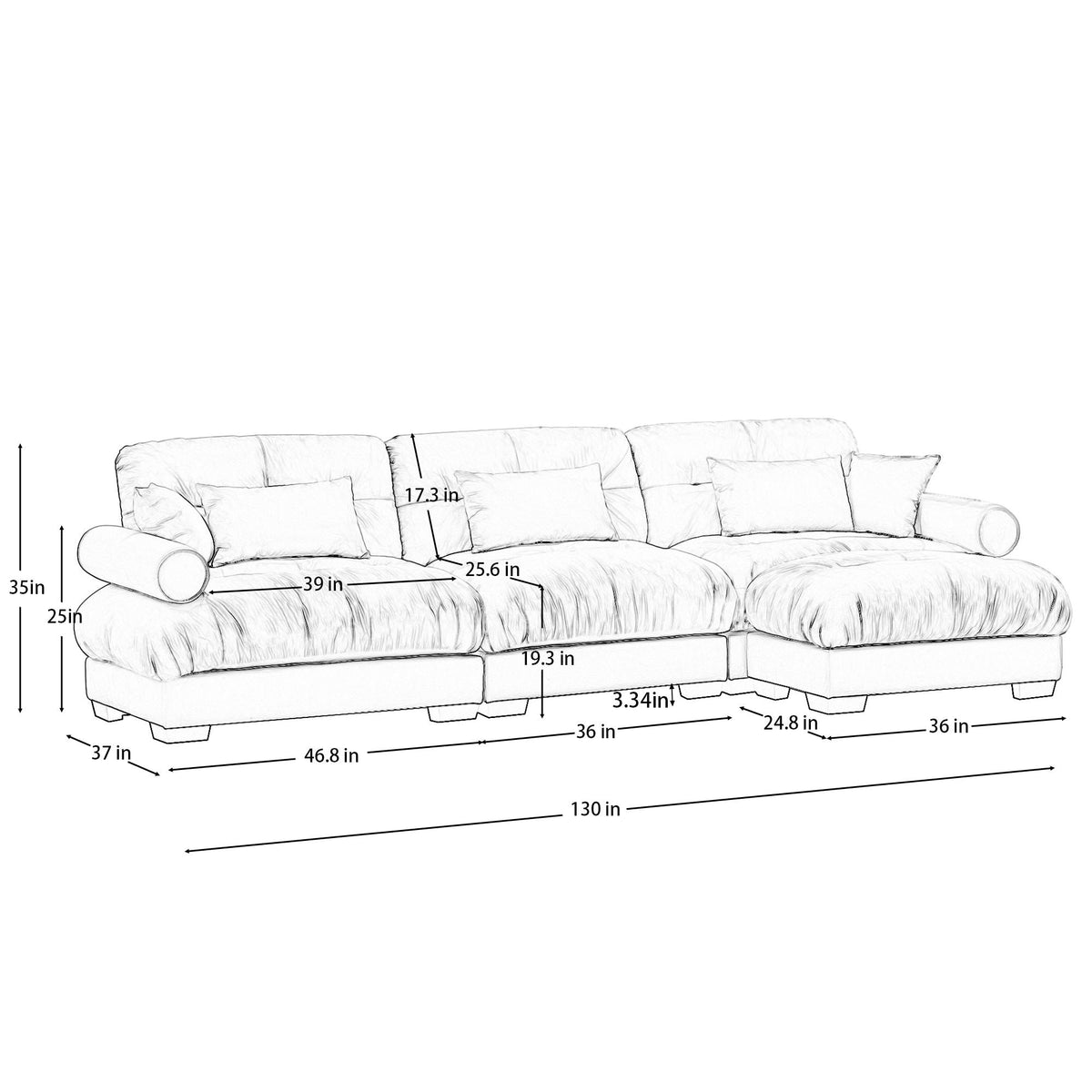 Modern Sectional Sofa with Ottoman, Round Bolster Armrests, Waist & Throw Pillows