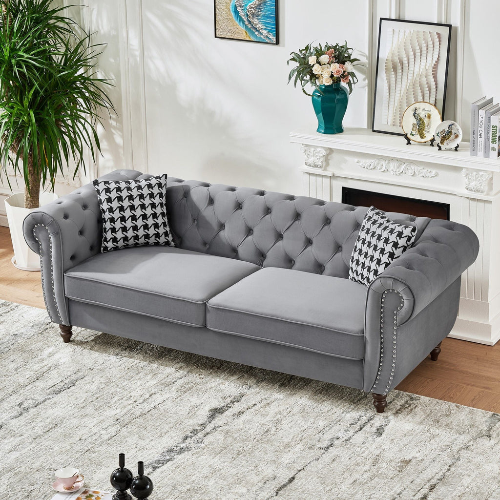Chesterfield Fabric Sofa with Rolled Arms & Nailhead Trim