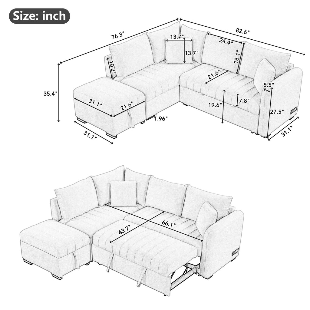 L-Shaped Sectional Pull Out Sofa Bed Sleeper Sofa with Two USB Ports