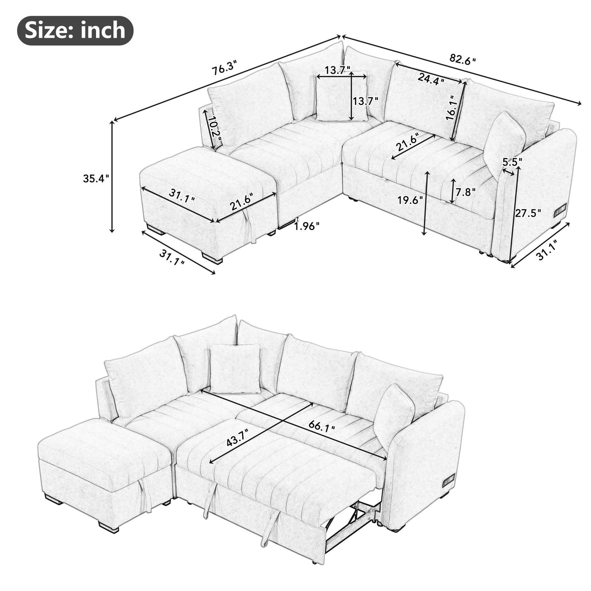 L-Shaped Sectional Pull Out Sofa Bed Sleeper Sofa with Two USB Ports