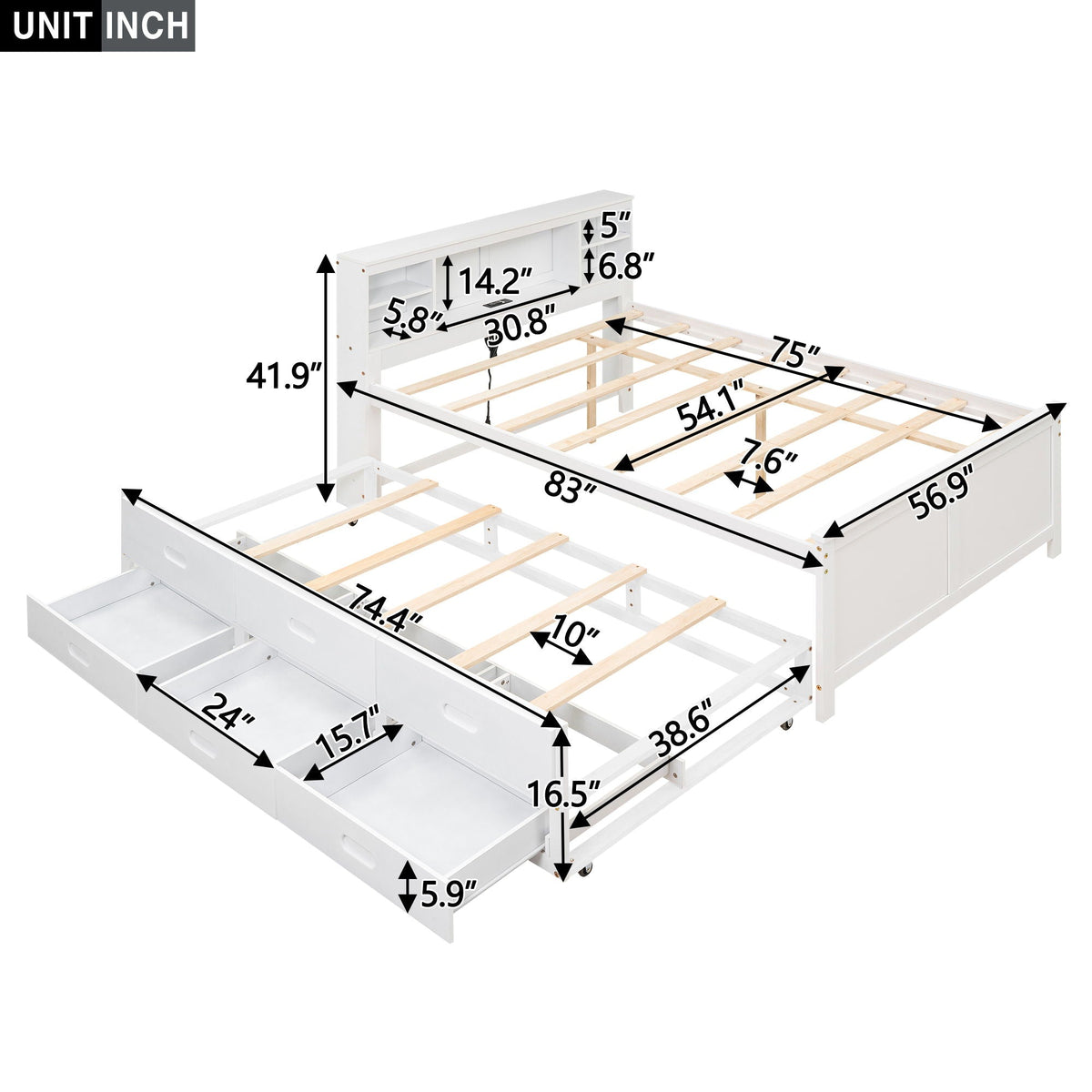 Platform Bed with Storage Headboard, USB, Trundle & 3 – Drawer