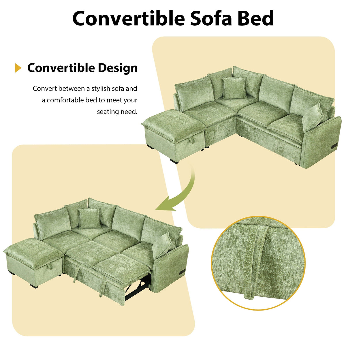 Convertible Sofa Bed Sectional Sofa Sleeper L-Shaped Sofa with A Storage Ottoman