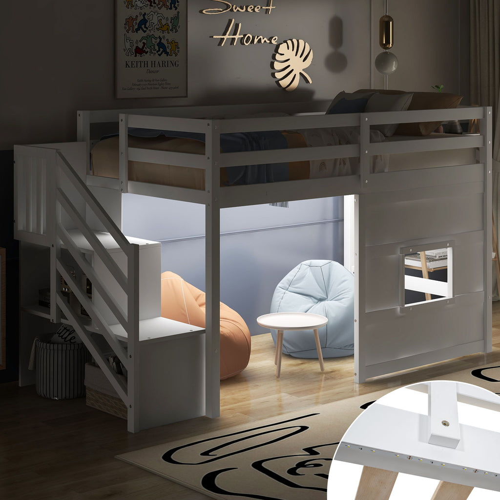 Loft Bed with Storage Staircase, Window & LED Light