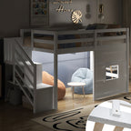 Loft Bed with Storage Staircase, Window & LED Light