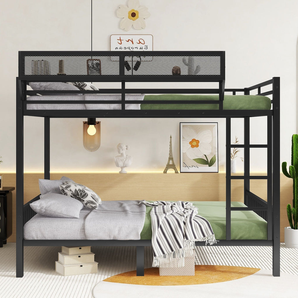 Queen Over Queen Bunk Bed with Ladder & Storage Shelf – Black