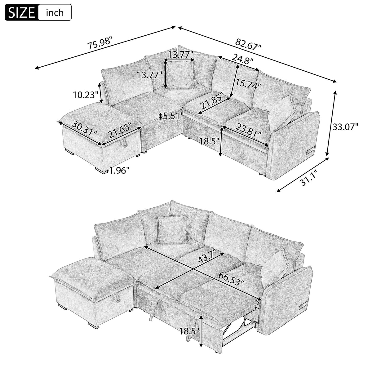 Convertible Sofa Bed Sectional Sofa Sleeper L-Shaped Sofa with A Storage Ottoman