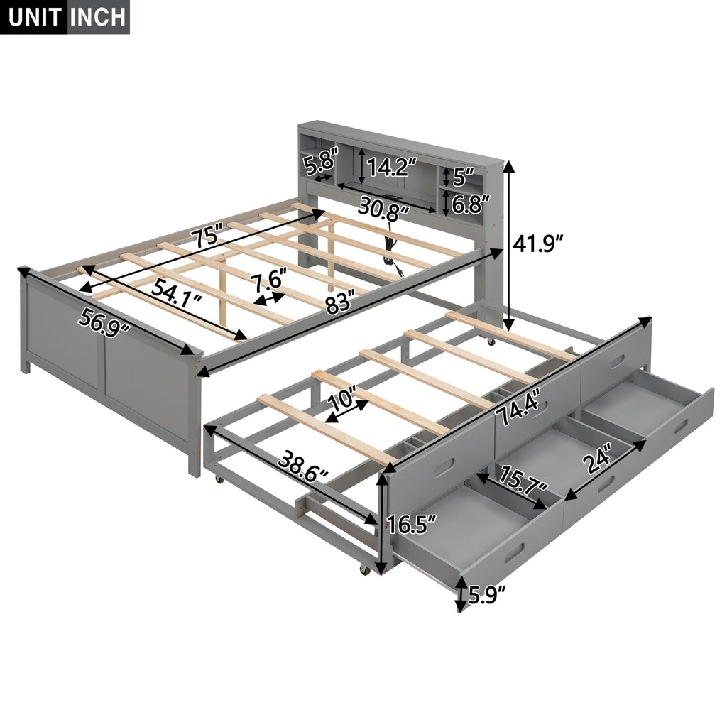 Platform Bed with Storage Headboard, USB, Trundle & 3 – Drawer