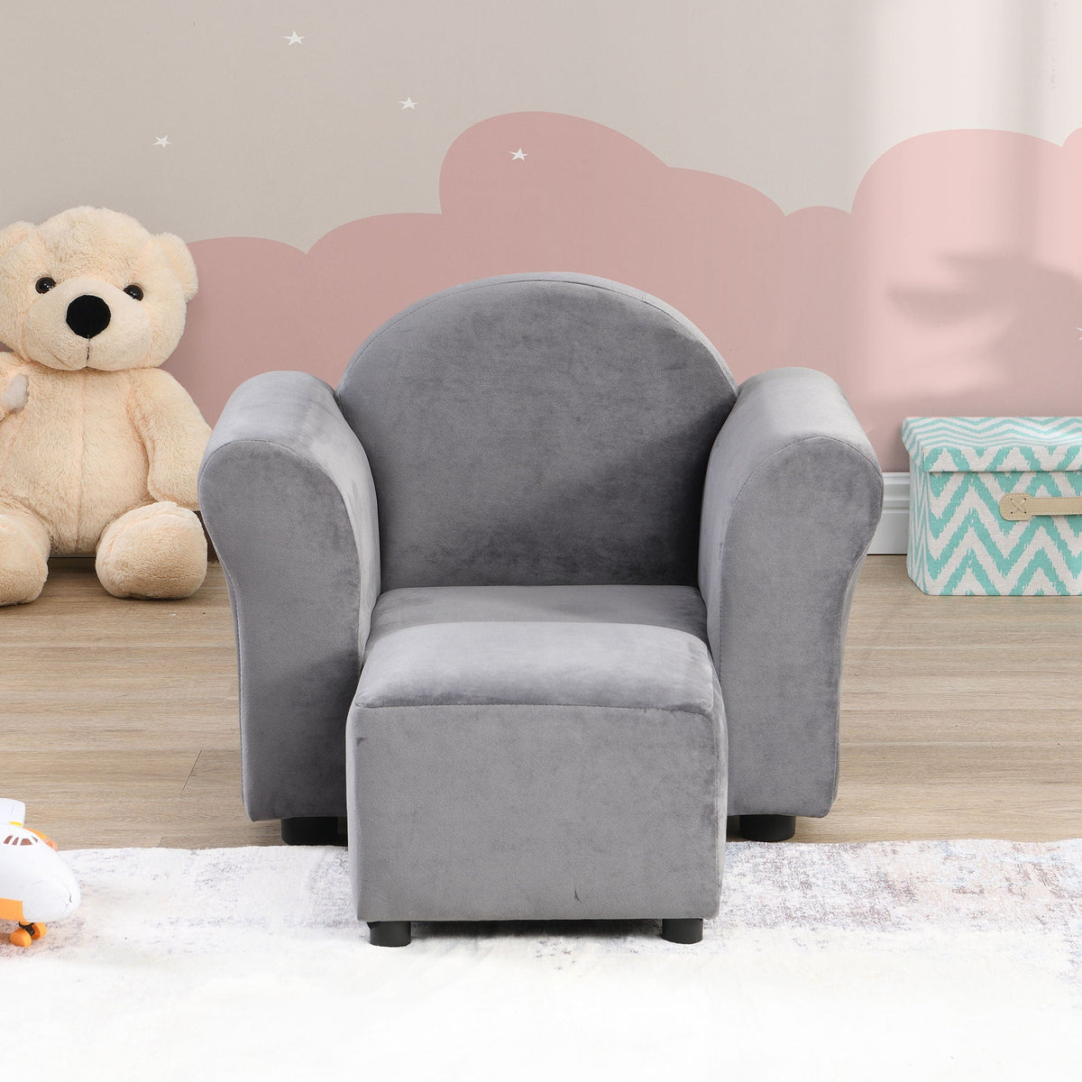 Kids Recliner Chair, Kids Upholstered Couch with Ottoman – Dark Gray