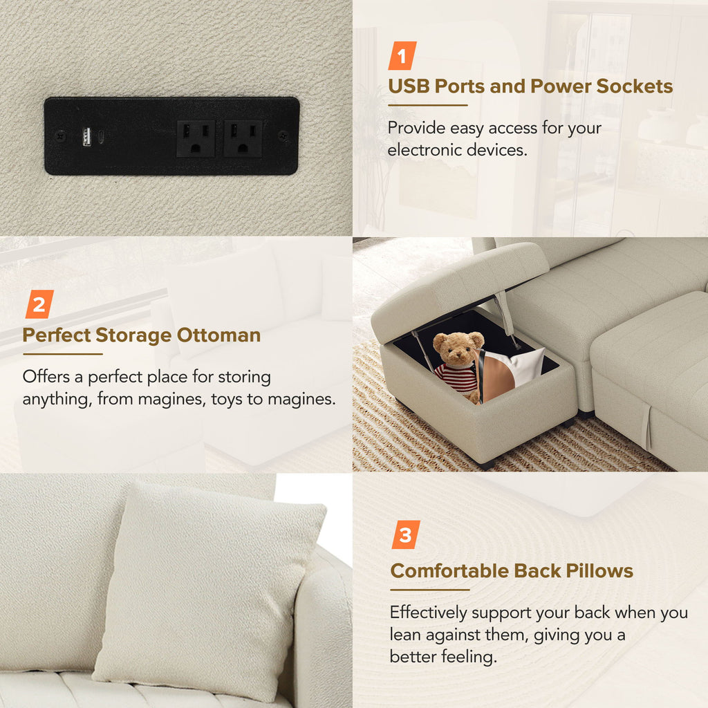 L-Shaped Sectional Pull Out Sofa Bed Sleeper Sofa with Two USB Ports