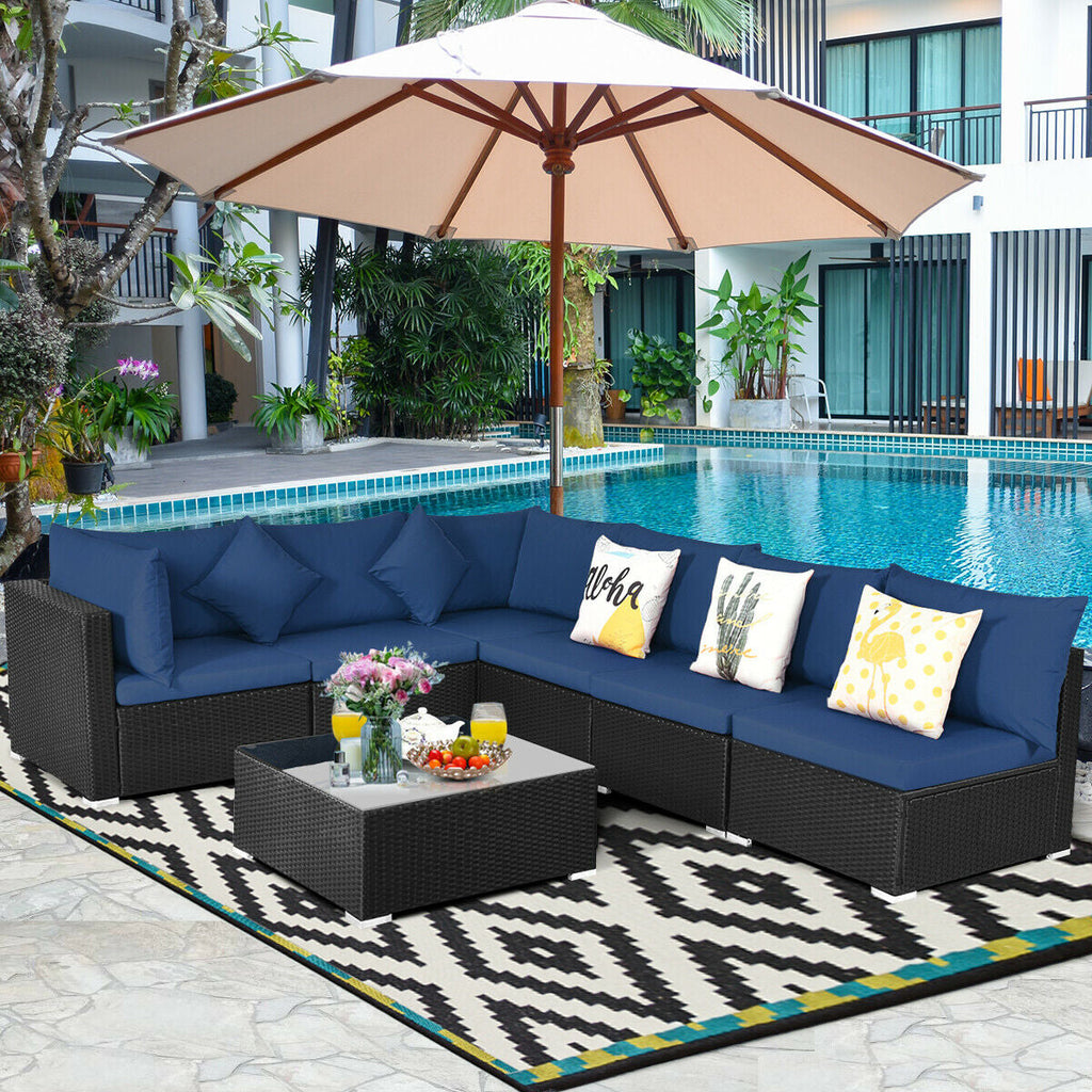 7-Piece Sectional Wicker Furniture Sofa Set with Tempered Glass Top – Red