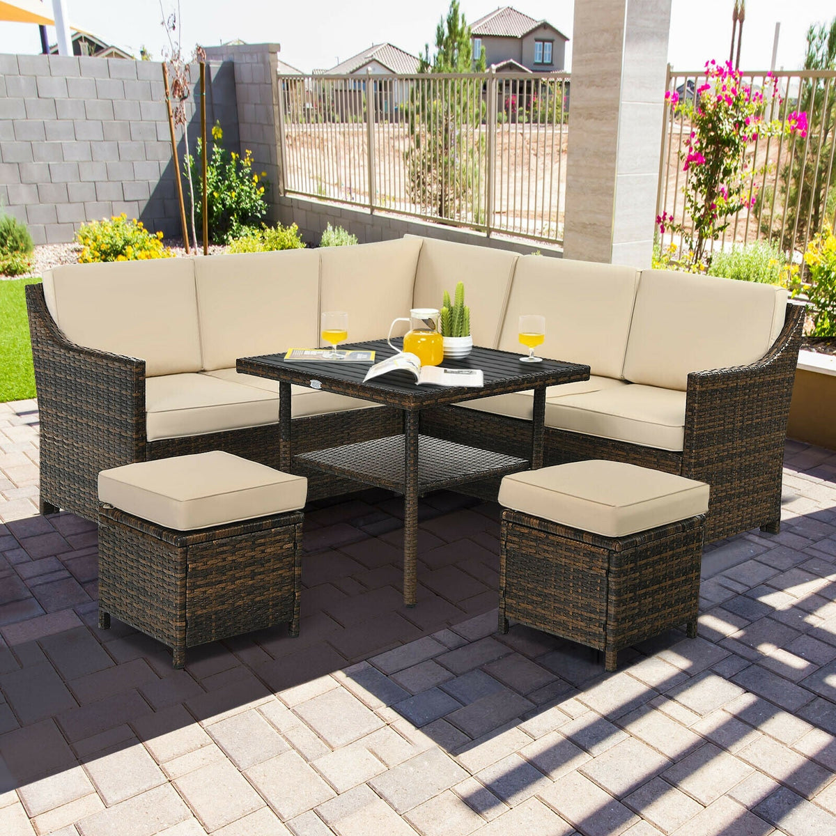 6-Piece Patio Rattan Dining Sofa Furniture Set