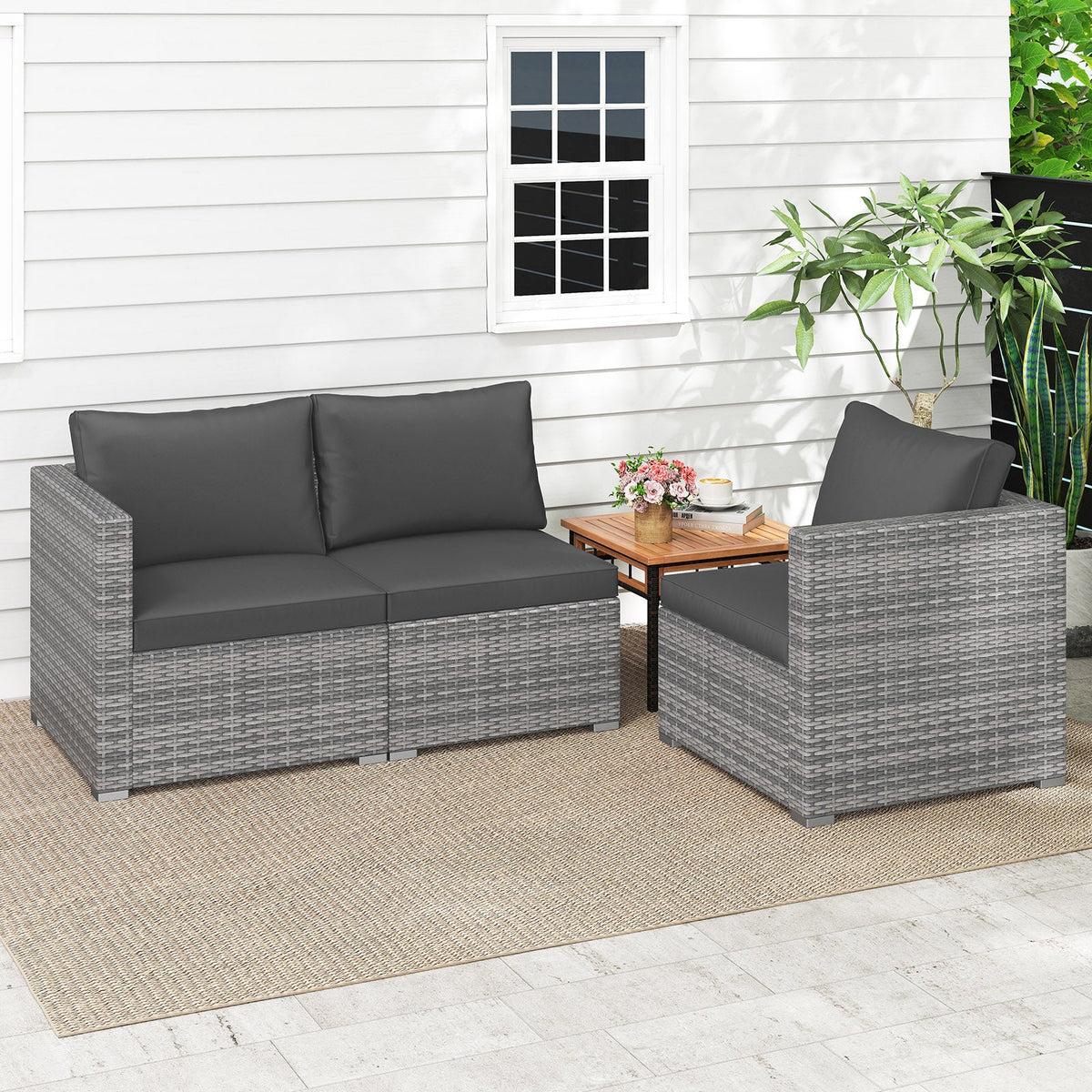 3-Piece Patio Sectional Sofa Set PE Rattan Modular Couch Furniture Set with Soft Cushions