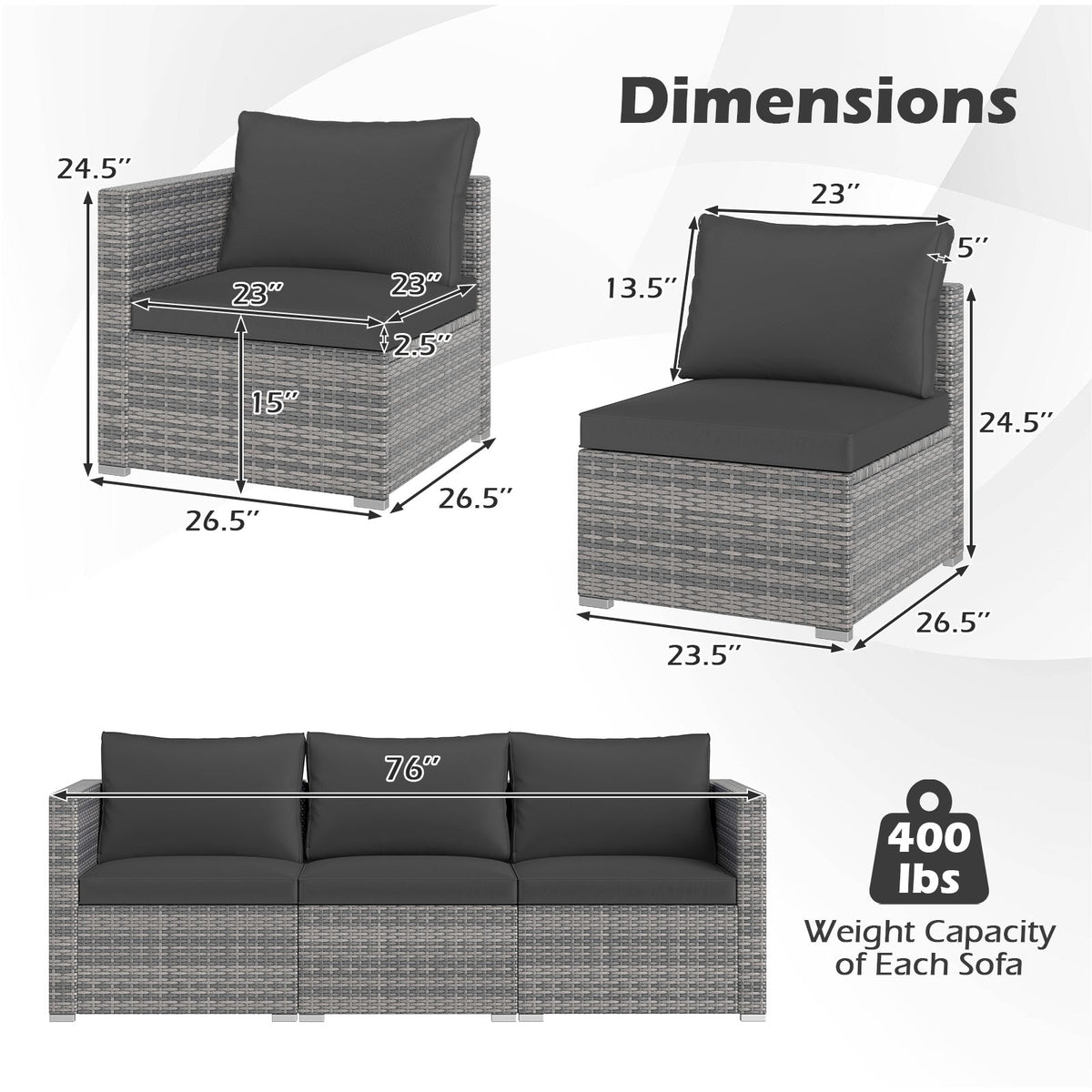 3-Piece Patio Sectional Sofa Set PE Rattan Modular Couch Furniture Set with Soft Cushions