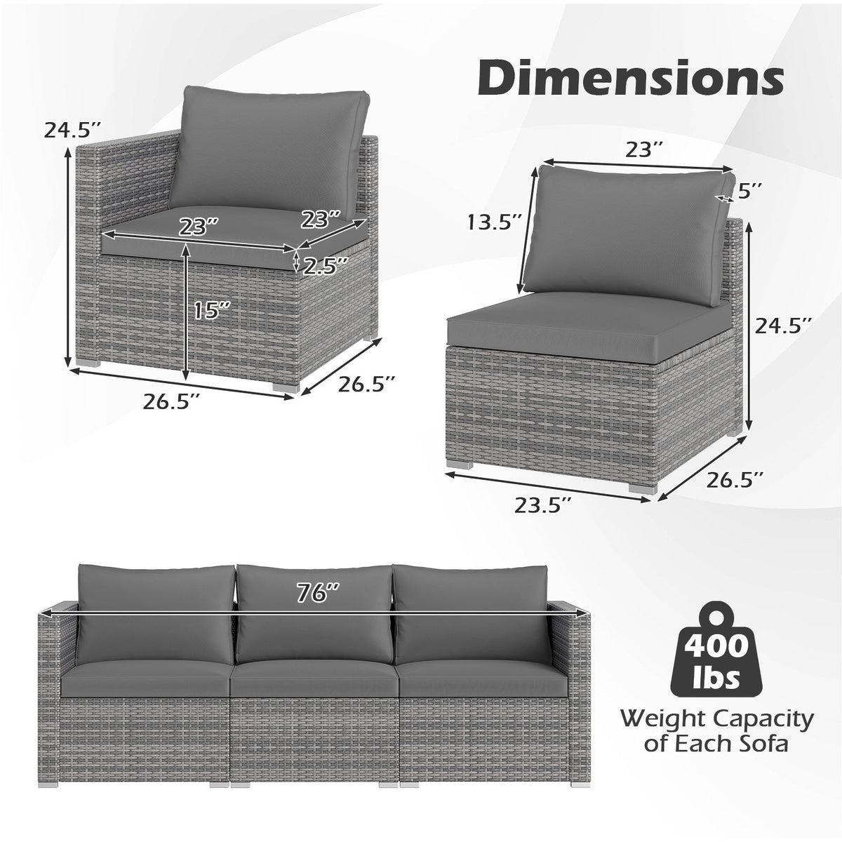 3-Piece Patio Sectional Sofa Set PE Rattan Modular Couch Furniture Set with Soft Cushions