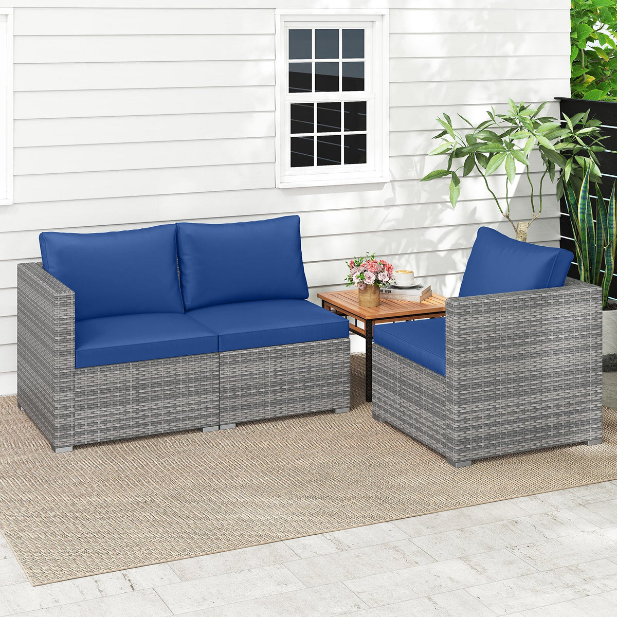 3-Piece Patio Sectional Sofa Set PE Rattan Modular Couch Furniture Set with Soft Cushions
