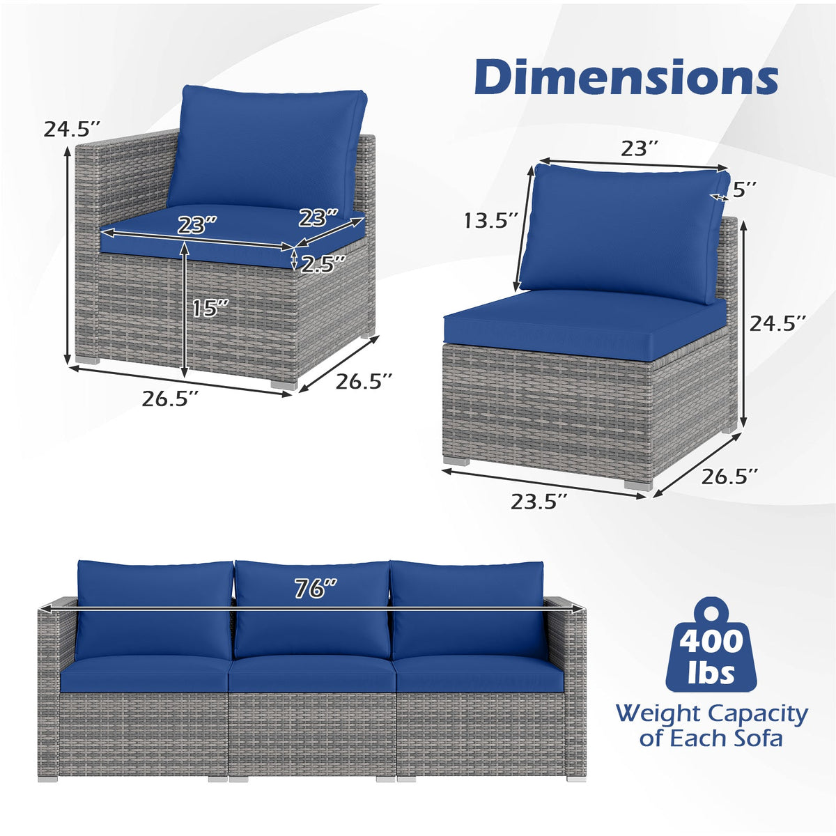 3-Piece Patio Sectional Sofa Set PE Rattan Modular Couch Furniture Set with Soft Cushions