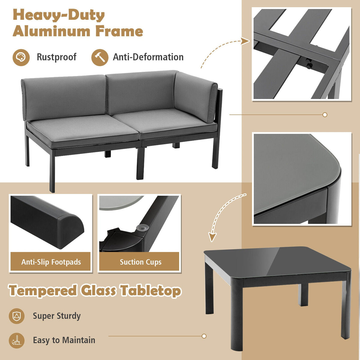 3-Piece Aluminum Patio Furniture Set with 6-Level Adjustable Backrest – Gray