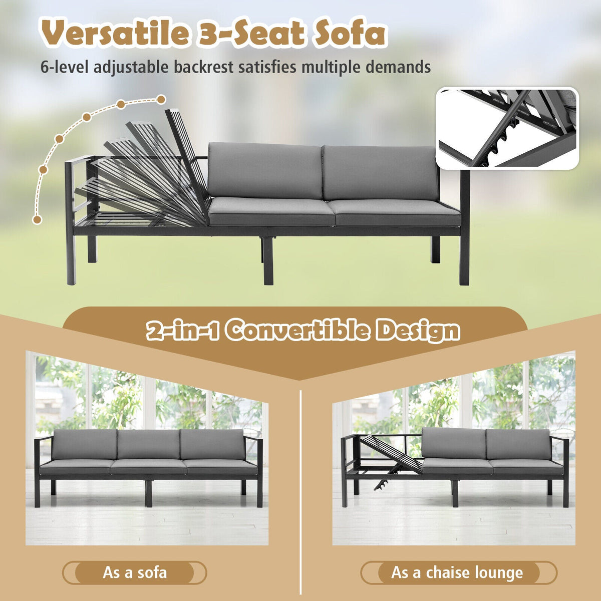 3-Piece Aluminum Patio Furniture Set with 6-Level Adjustable Backrest – Gray