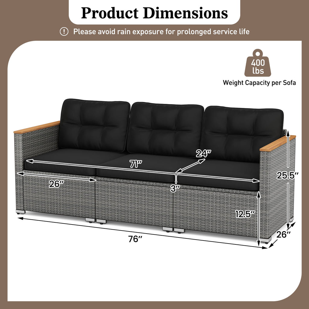 3-Seat Patio Couch Sofa PE Rattan Loveseat Furniture Set with Deep Seating and Cushion – Mix Grey