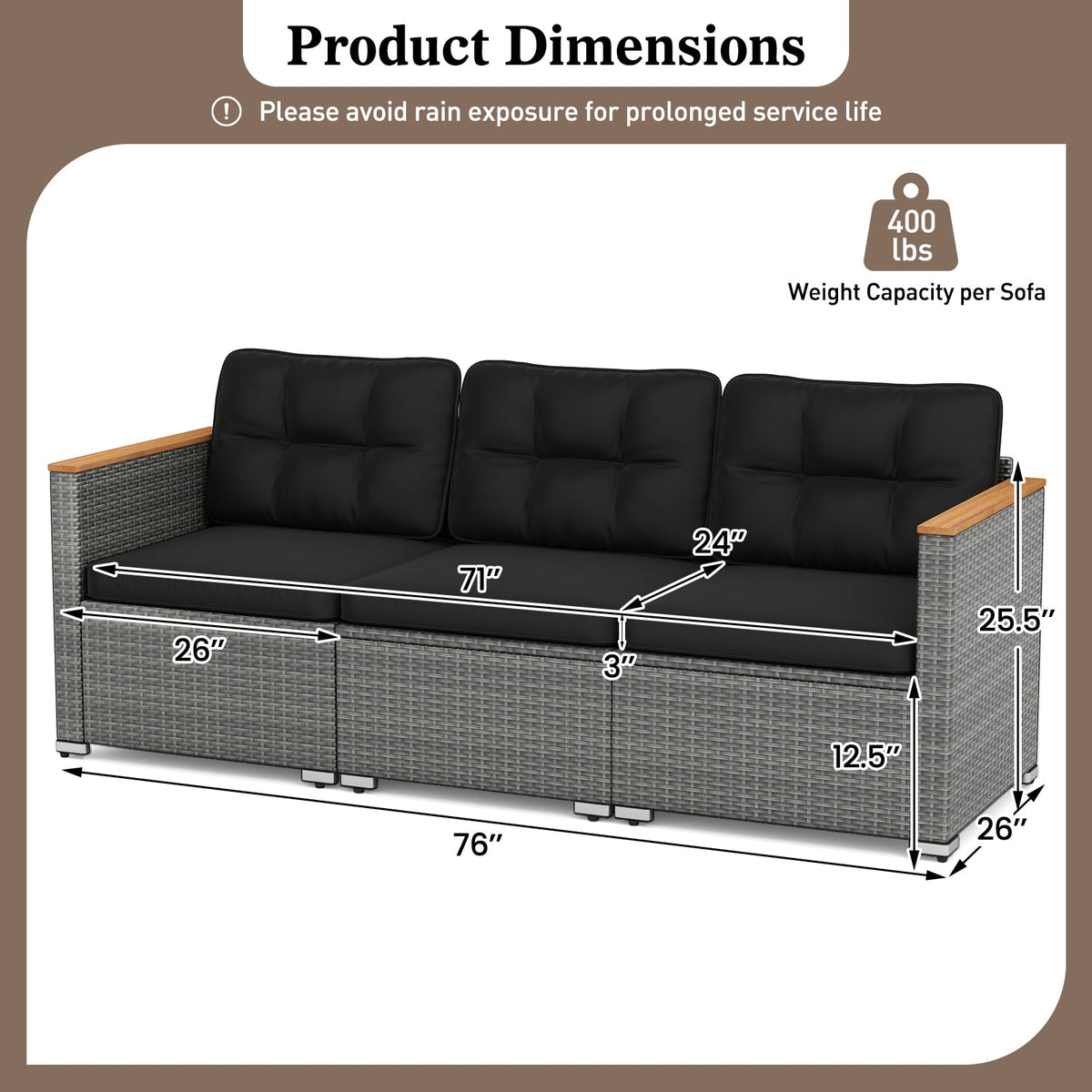 3-Seat Patio Couch Sofa PE Rattan Loveseat Furniture Set with Deep Seating and Cushion – Mix Grey