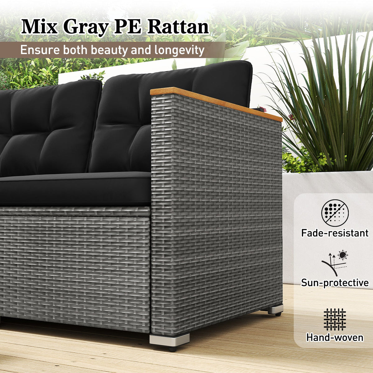 3-Seat Patio Couch Sofa PE Rattan Loveseat Furniture Set with Deep Seating and Cushion – Mix Grey