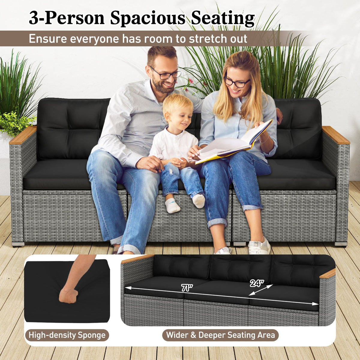 3-Seat Patio Couch Sofa PE Rattan Loveseat Furniture Set with Deep Seating and Cushion – Mix Grey