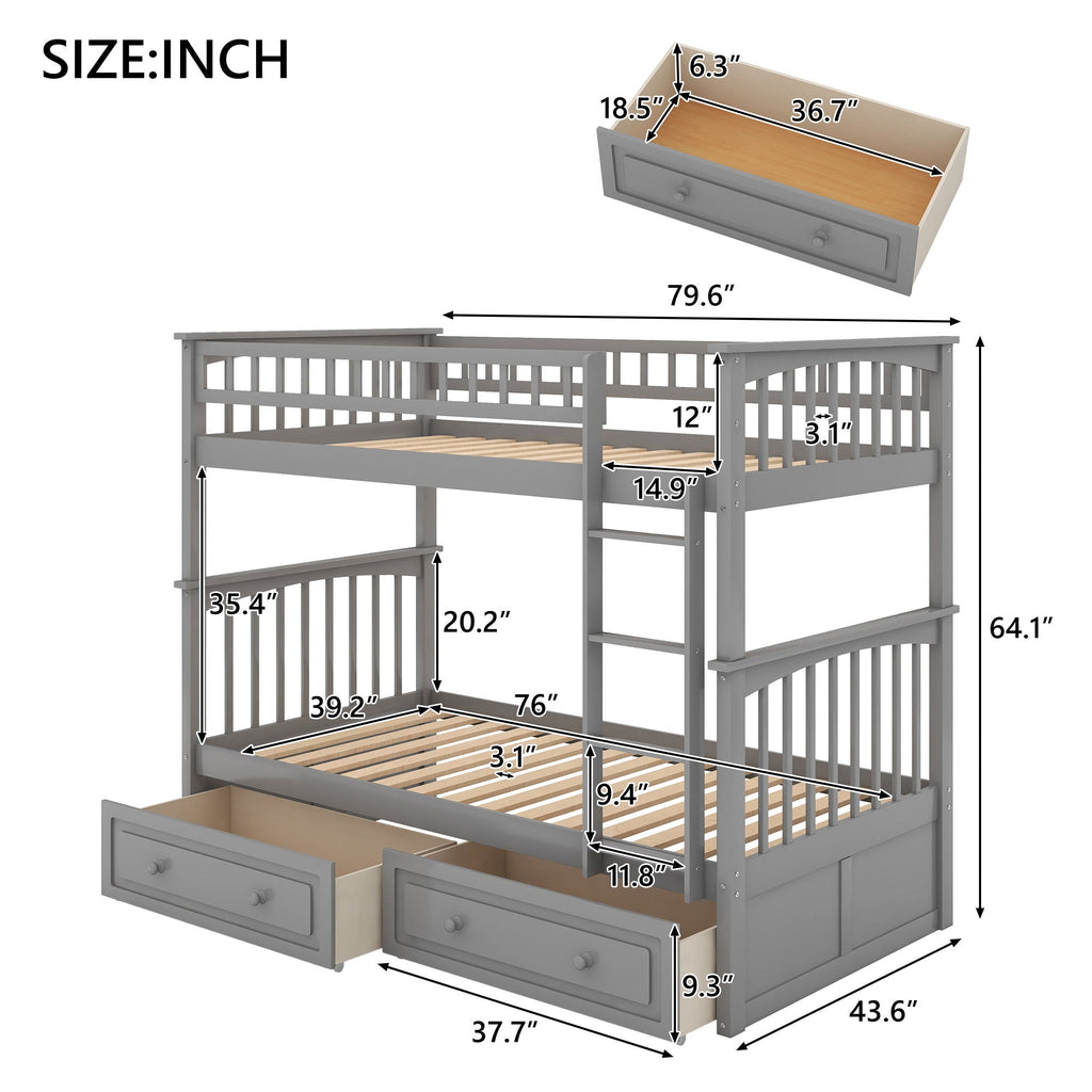 Mystrene - Twin Over Twin Bunk Bed with Drawers, Convertible Beds