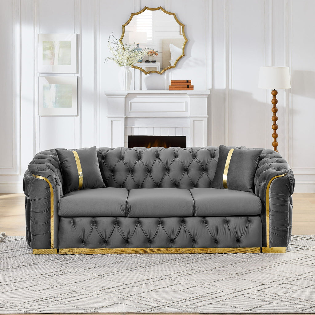 Button Tufted Couch with 2 Pillows, 3-Seater Luxury Chesterfield Sofa