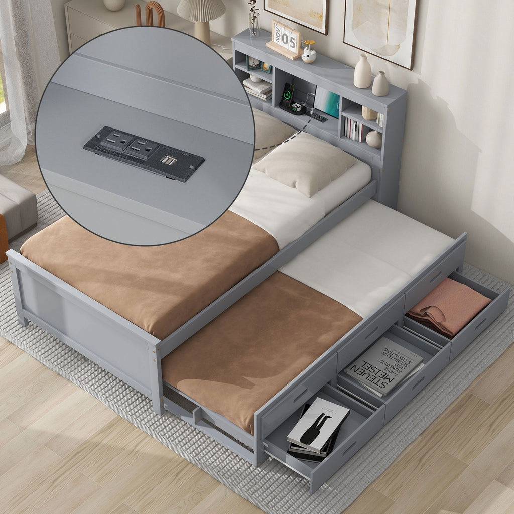 Platform Bed with Storage Headboard, USB, Trundle & 3 – Drawer