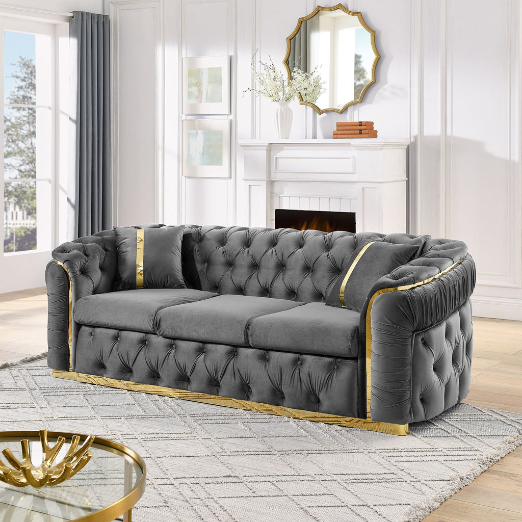 Button Tufted Couch with 2 Pillows, 3-Seater Luxury Chesterfield Sofa