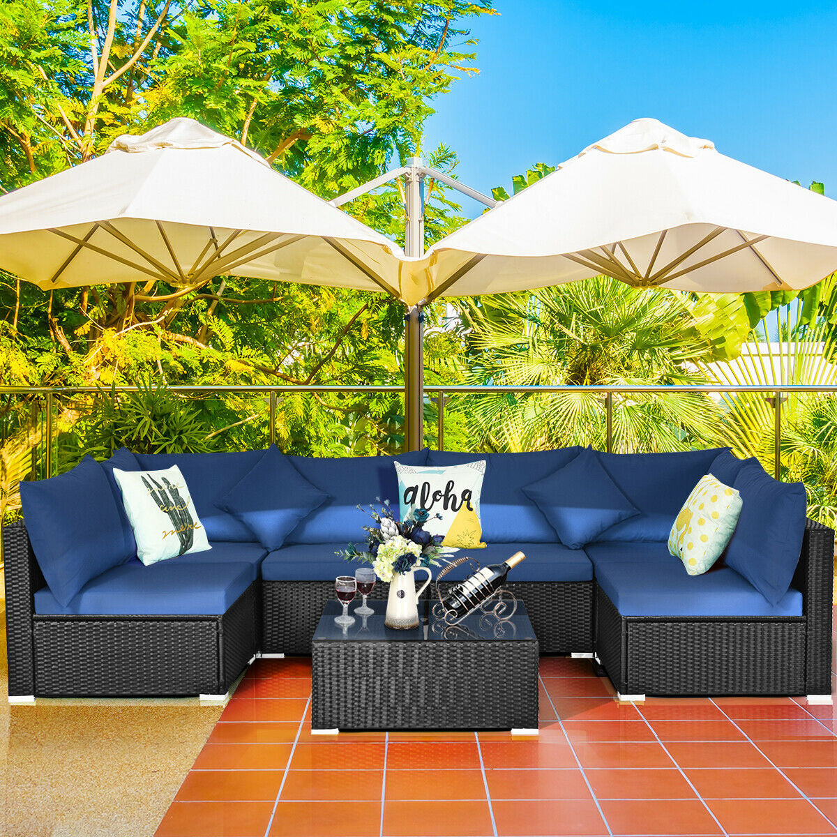 7-Piece Sectional Wicker Furniture Sofa Set with Tempered Glass Top – Red