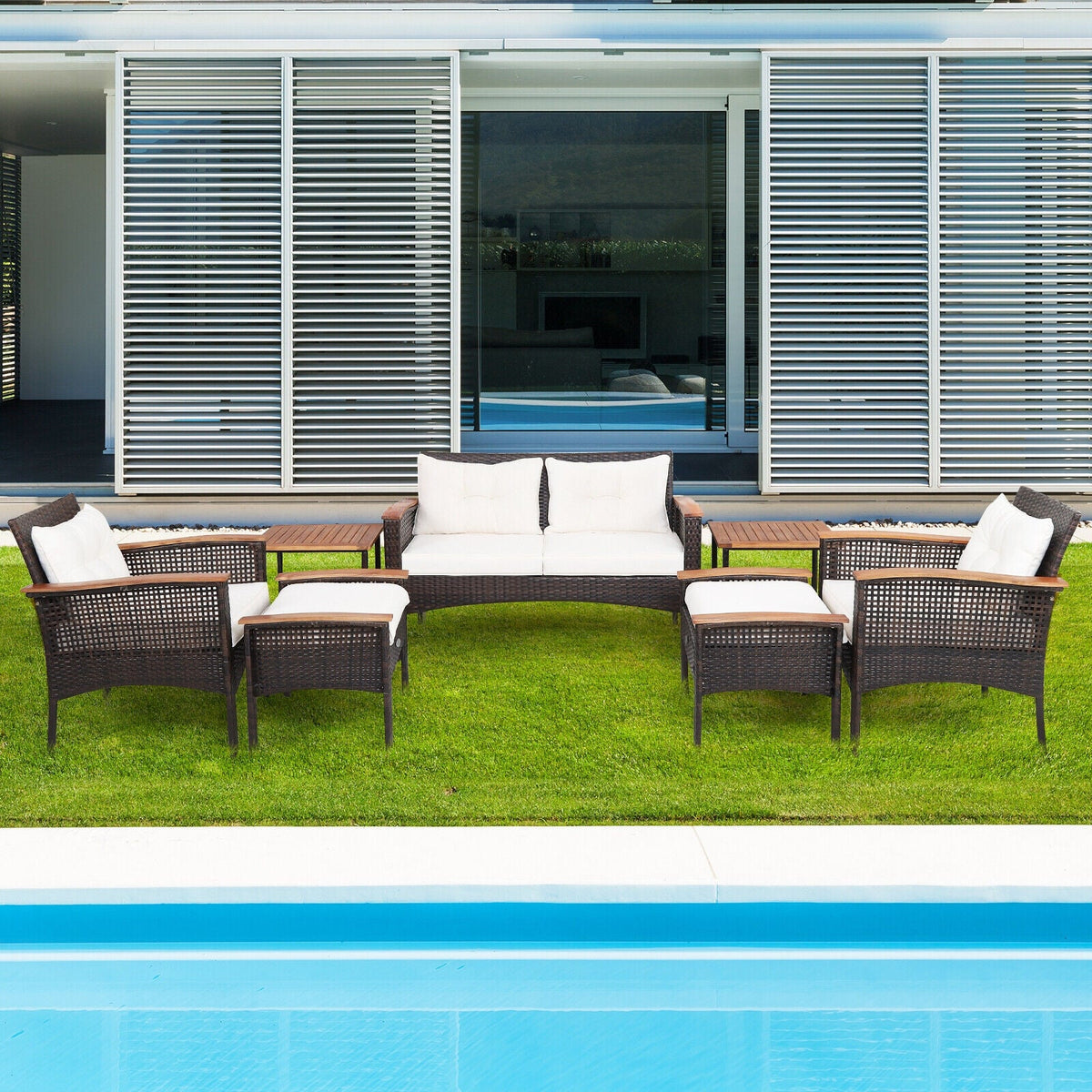 7-Piece Patio Rattan Cushioned Conversation Furniture Set