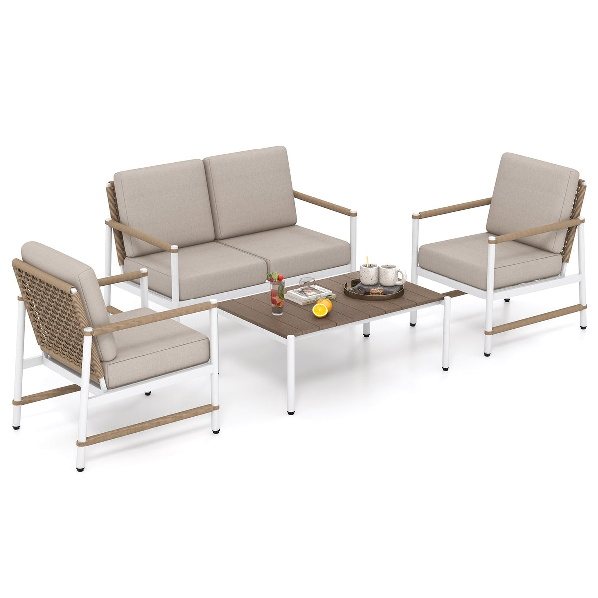 4-Piece Patio Furniture Set with Thick Cushions and a Coffee Table – Gray