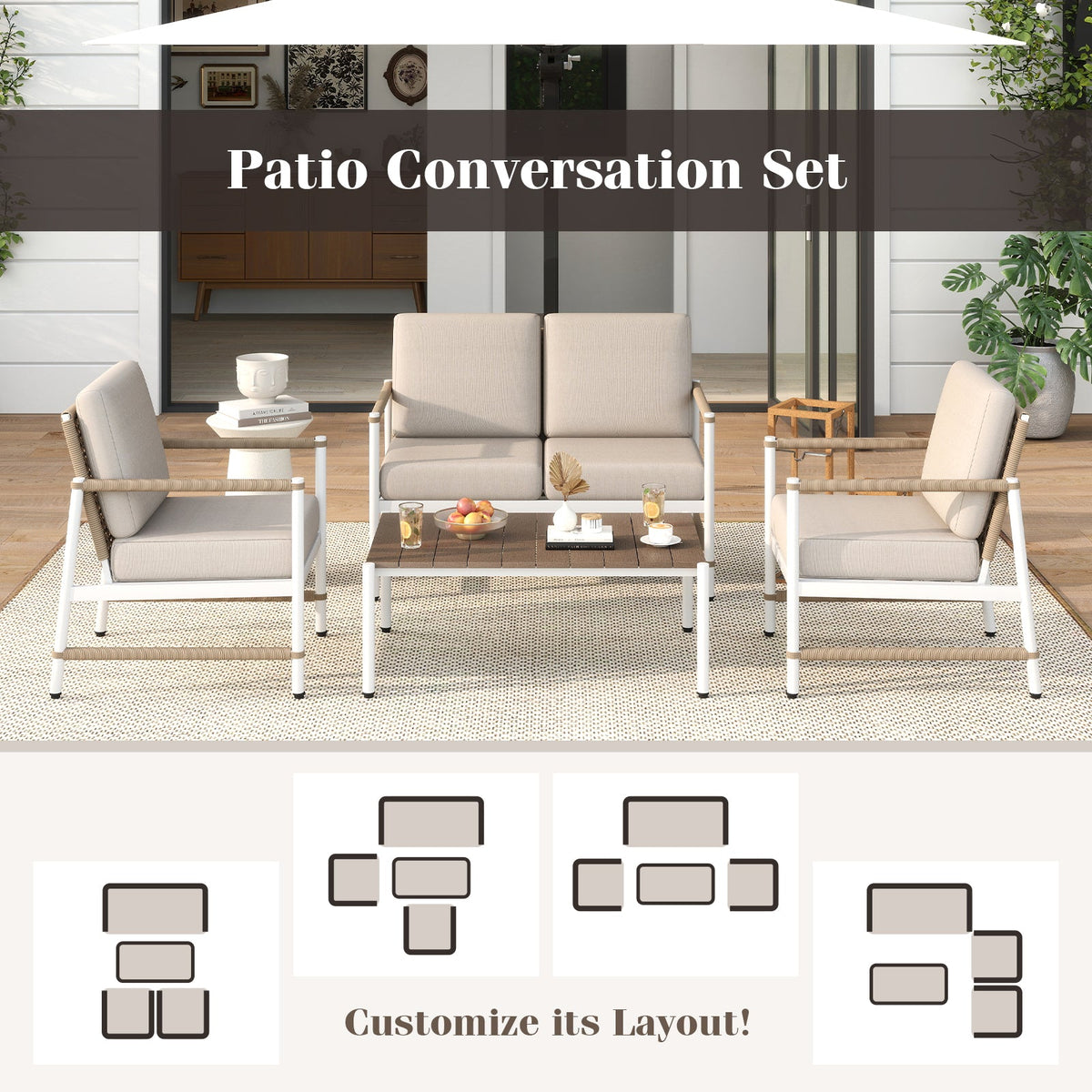 4-Piece Patio Furniture Set with Thick Cushions and a Coffee Table – Gray