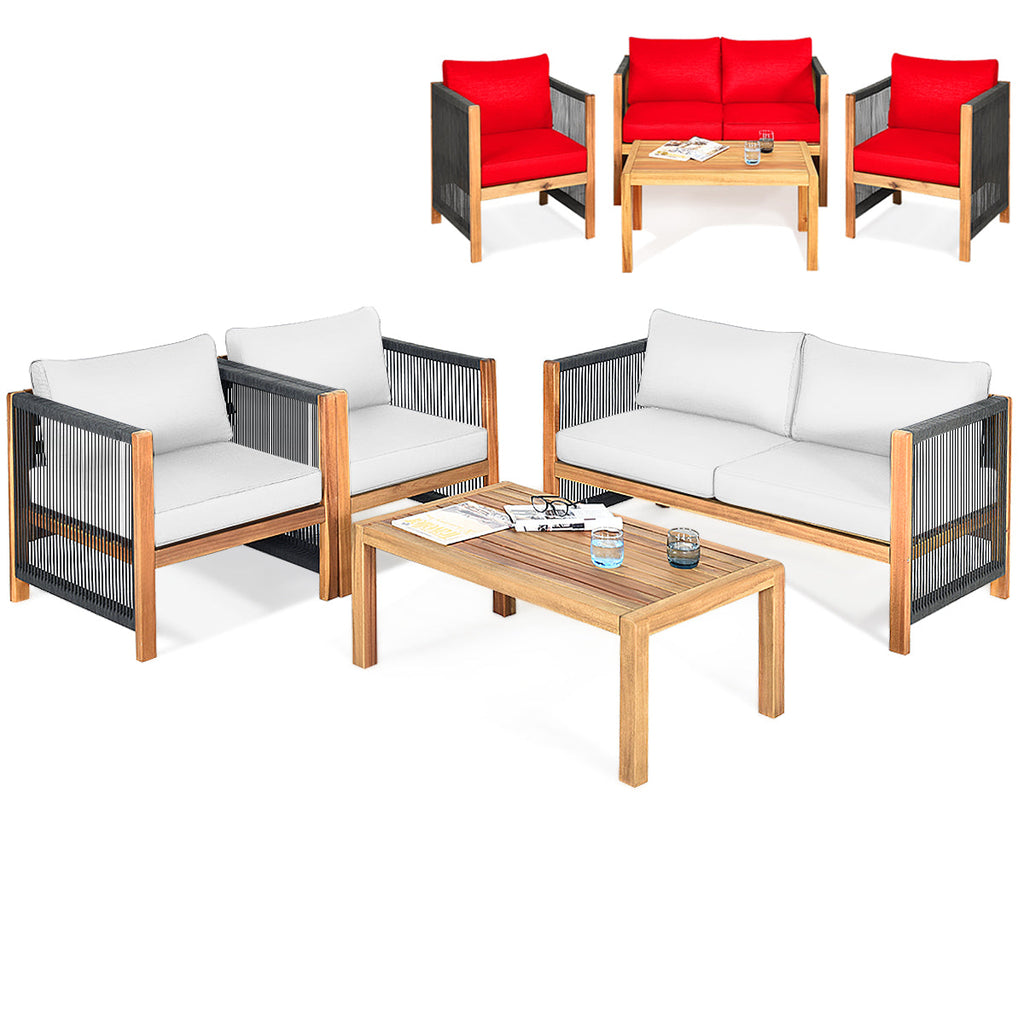 4-Piece Wood Outdoor Patio Furniture Set with Cushions for Garden