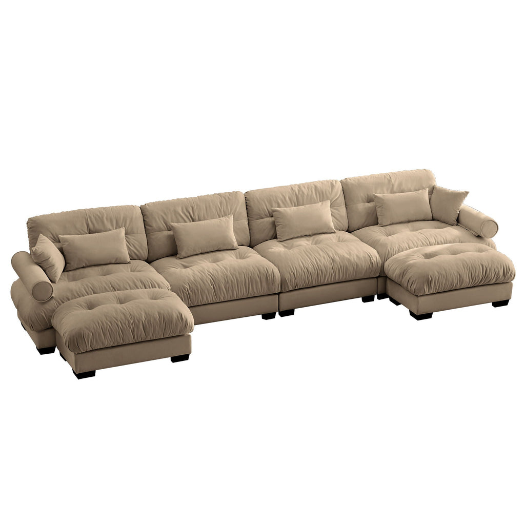 Modern Sectional Sofa with Ottoman, Round Bolster Armrests, Waist & Throw Pillows