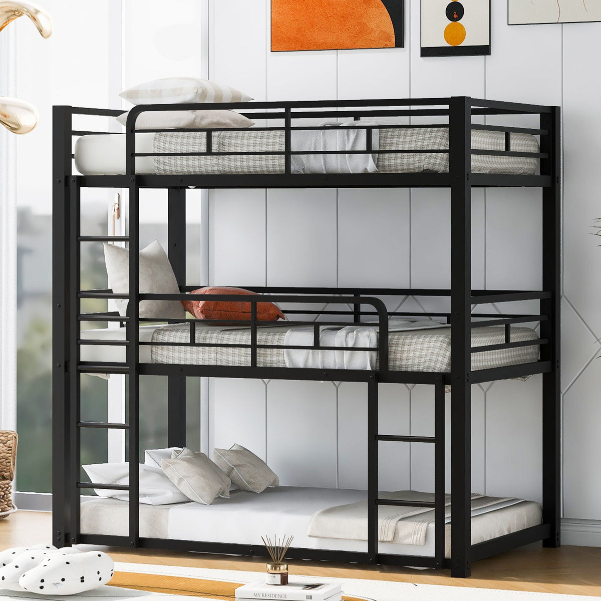 Triple Bunk Bed with Sturdy Construction & Space Saving Design