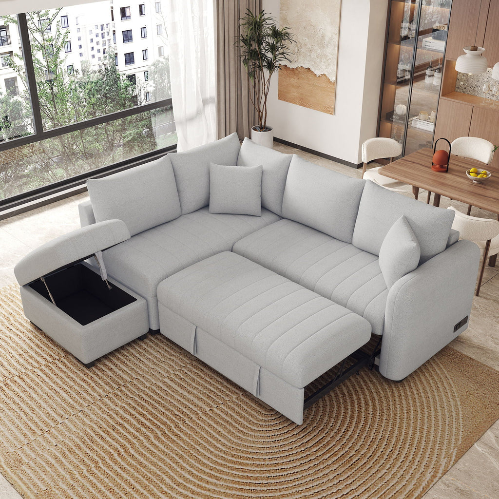 L-Shaped Sectional Pull Out Sofa Bed Sleeper Sofa with Two USB Ports