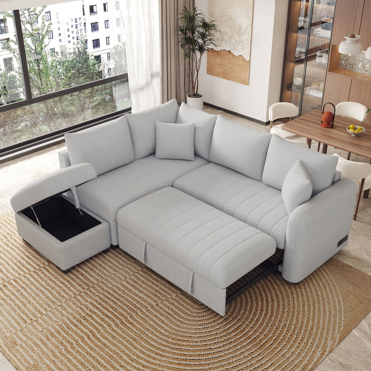 L-Shaped Sectional Pull Out Sofa Bed Sleeper Sofa with Two USB Ports
