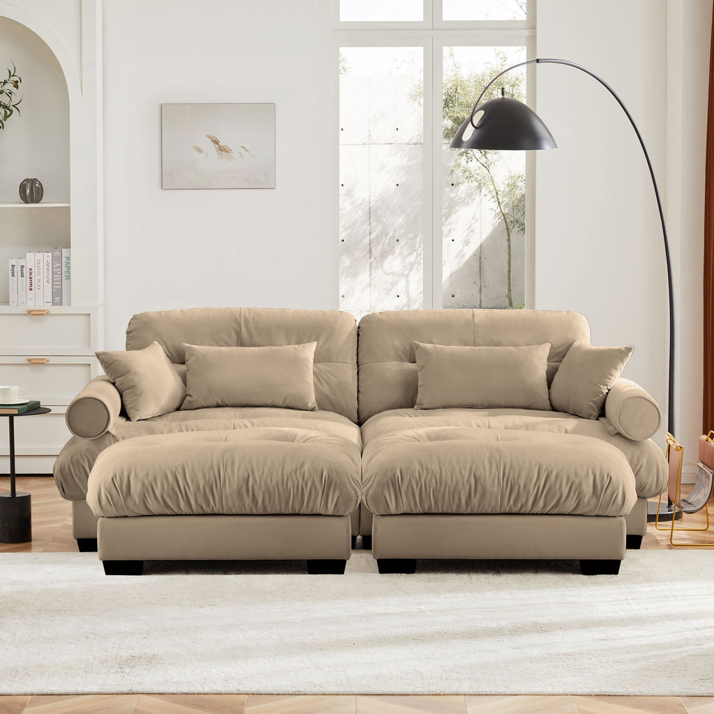 Modern Sectional Sofa with Ottoman, Round Bolster Armrests, Waist & Throw Pillows