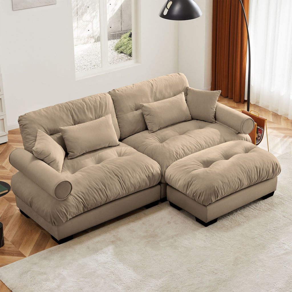 Modern Sectional Sofa with Ottoman, Round Bolster Armrests, Waist & Throw Pillows