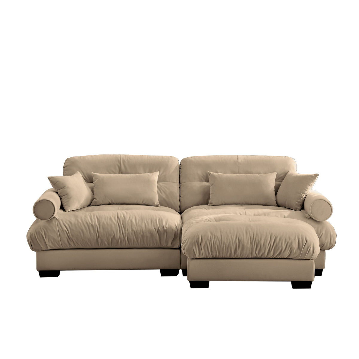 Modern Sectional Sofa with Ottoman, Round Bolster Armrests, Waist & Throw Pillows