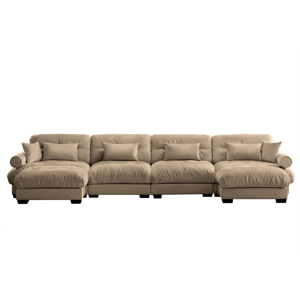 Modern Sectional Sofa with Ottoman, Round Bolster Armrests, Waist & Throw Pillows