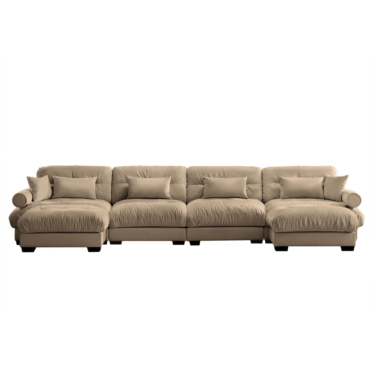 Modern Sectional Sofa with Ottoman, Round Bolster Armrests, Waist & Throw Pillows