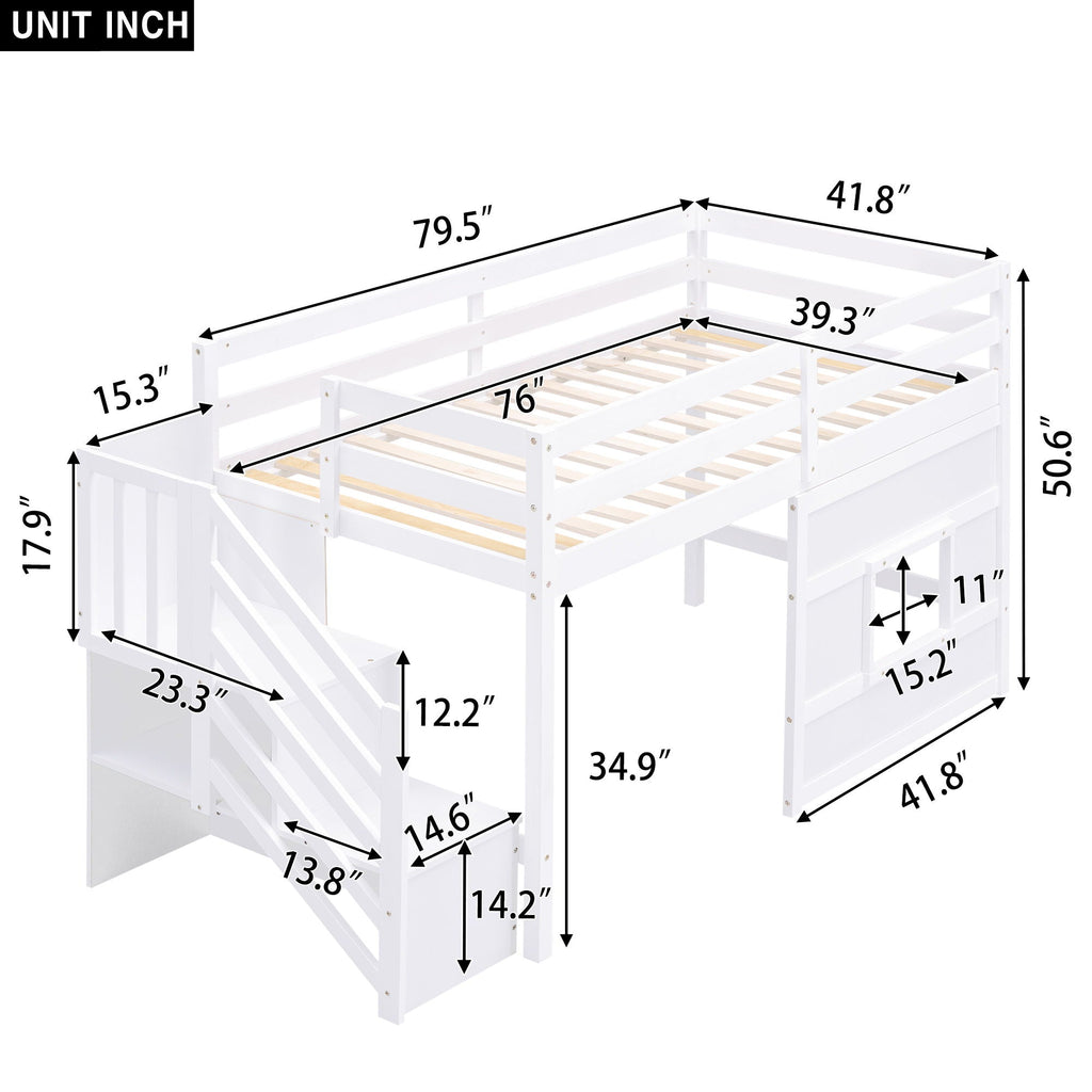 Loft Bed with Storage Staircase, Window & LED Light