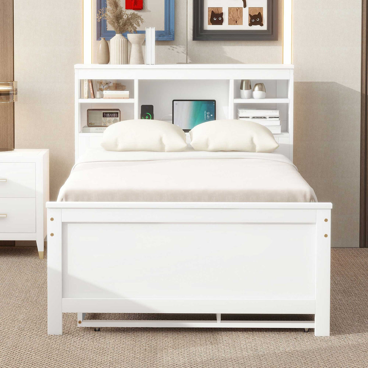 Platform Bed with Storage Headboard, USB, Trundle & 3 – Drawer