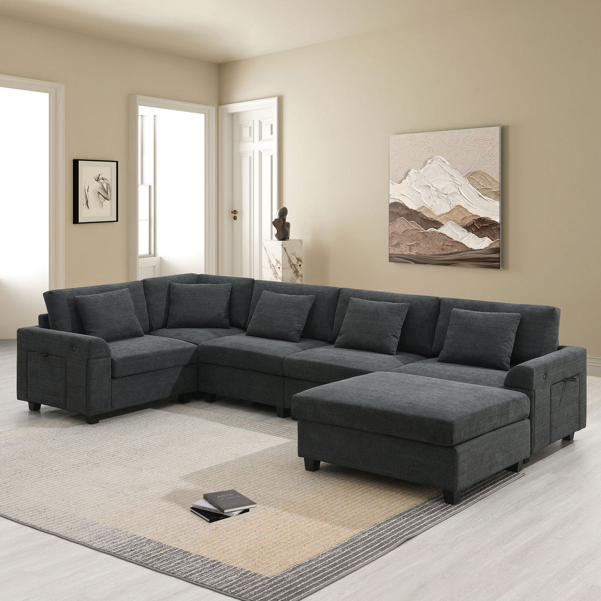 U Shaped Sectional Sofa 6 Seat Couch Set with Oversized Ottoman
