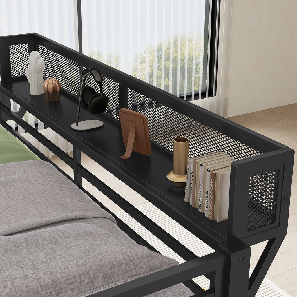 Queen Over Queen Bunk Bed with Ladder & Storage Shelf – Black