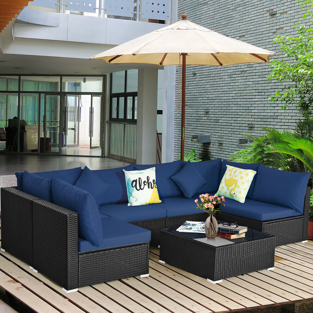 7-Piece Sectional Wicker Furniture Sofa Set with Tempered Glass Top – Red